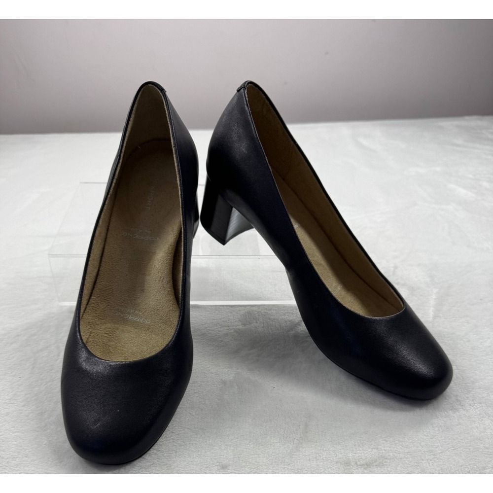 Rockport Pump Shoes Women's 8.5 Navy Blue Leather Slip-On‎ Block Heel Round Toe